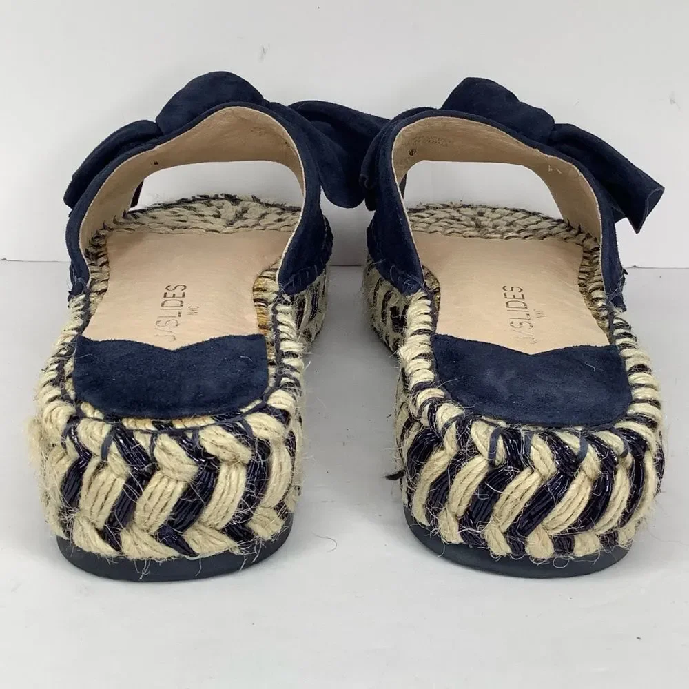 J/SLIDES Dark Blue Suede Bow Espadrille Women Open Slides Sz 8 Coastal,Travel